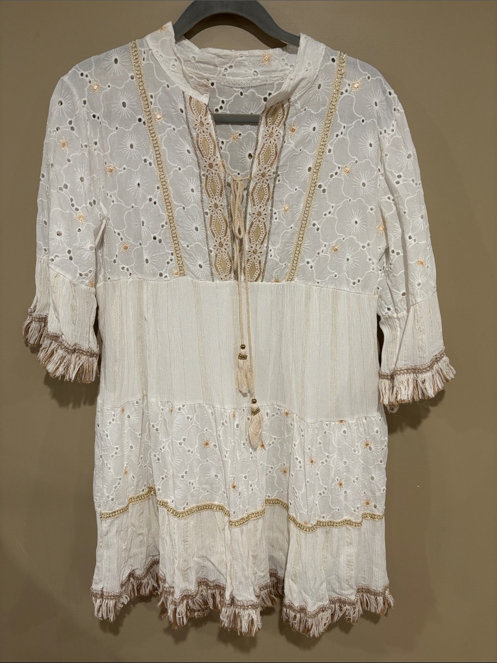 OS cream and gold embroidered eyelet bohemian dress